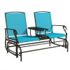 Outsunny Outdoor Glider Bench with Center Table, Metal Frame Patio Loveseat with Breathable Mesh Fabric and Armrests for Backyard Garden Porch, Blue