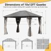 10'x12' Permanent Outdoor Galvanized Steel Roof Gazebo with Aluminum Frame, Pavilion Metal Gazebos with Netting & Curtains for Garden, Patios, Lawns