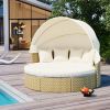 TOPMAX Patio Furniture Round Outdoor Sectional Sofa Set Rattan Daybed Two-Tone Weave Sunbed with Retractable Canopy